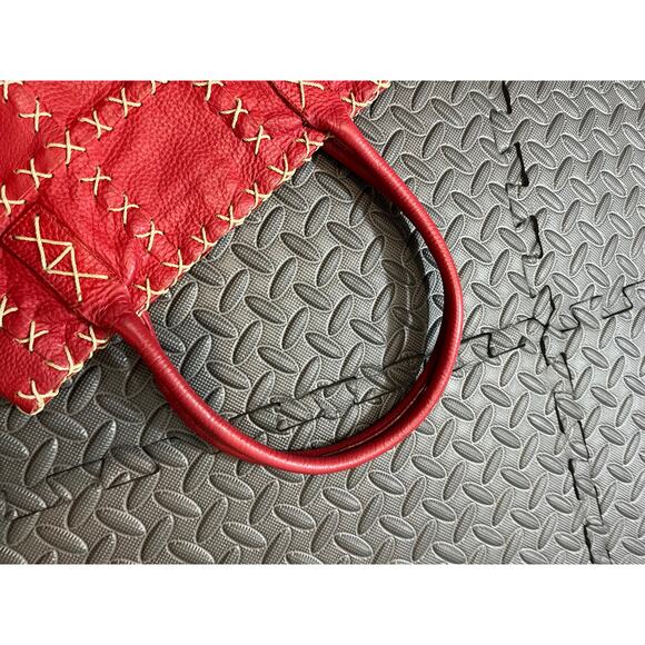 BERGE ITALY GENUINE LEATHER TOTE BAG RED w/ TAUPE STITCHING BOHO WOMENS PURSE - Picture 4 of 11